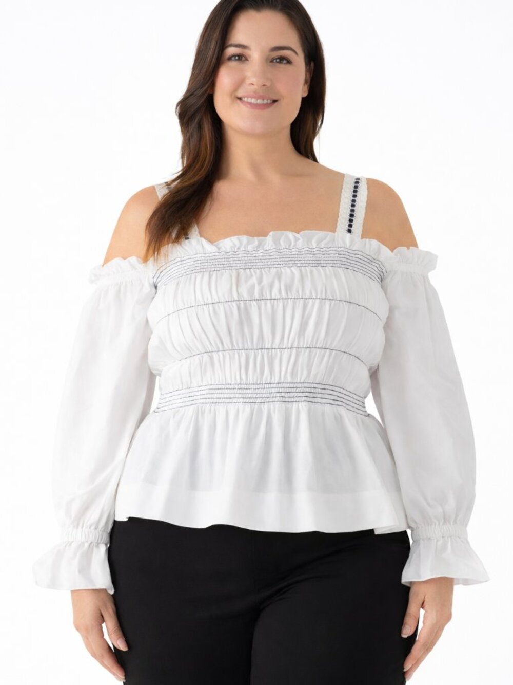 NWT 1.STATE Smocked Off Shoulder Top 3X White Peplum Stretch Boho Blouse